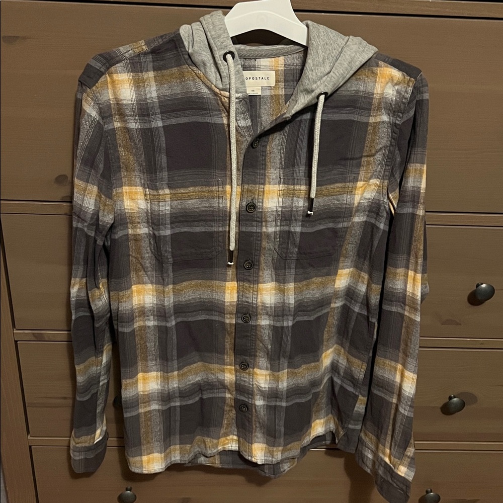 Gray and Yellow Plaid Flannel Button-Up with Hoodie